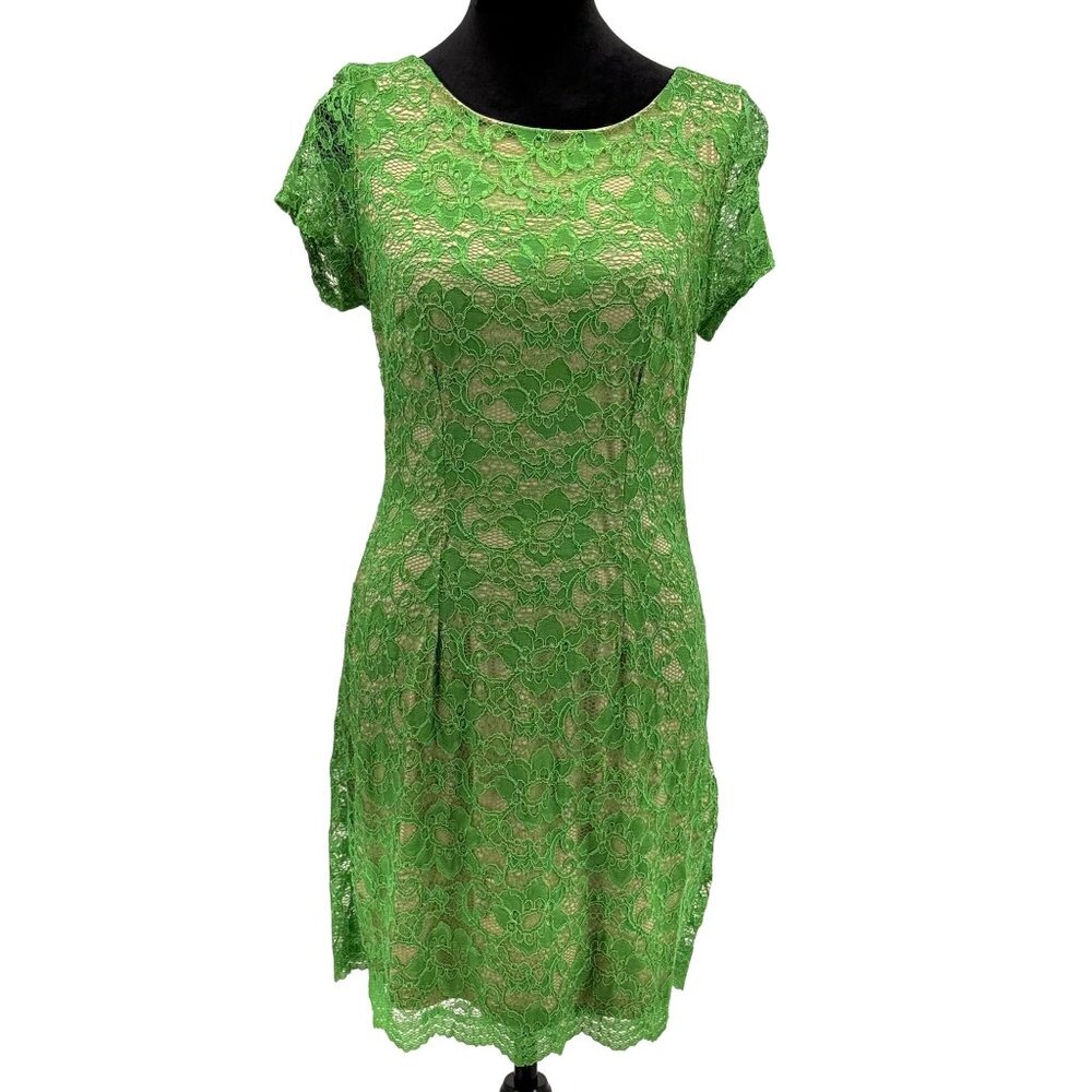 Vtg Bebe Lace Overlay Dress M Y2K USA 90s Party Fit Flare Green Scalloped Hem